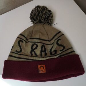 RAGS Knit Pom Beanie Hat Tan Burgundy Lettering Outdoor Winter